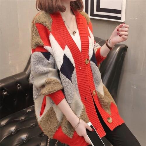 Oversized Women Spring Autumn Clothes Lazy Wind Hit Color Knitted Cardigan Coat 2021 Fashion V-Neck Loose Wild Sweater Coats 5XL