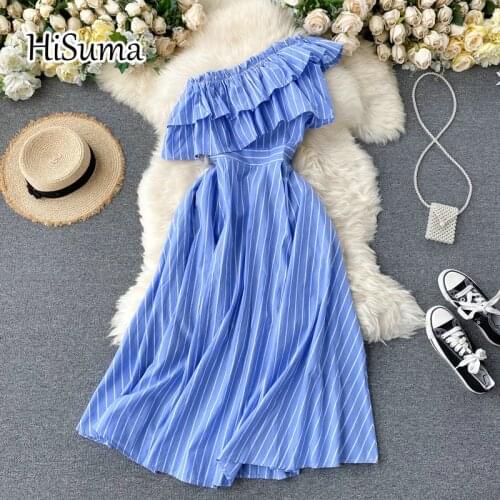 2021 spring summer new women striped Oblique collar strapless ruffles chiffon A-line dress female Chic elegant waist dresses