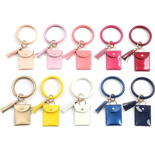 100Pcs/Lot Keychain Bracelet Wristlet Bangle Bright Faux Leather Women Girls Mini Purse Tassel Solid Color Key Chain Coin Pouch