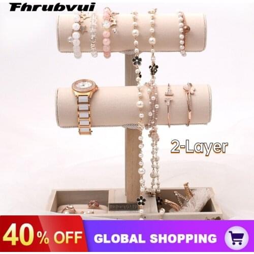 2-layer Vintage Linen/Wood Bracelet Chain Watch T-Bar Rack Jewelry Organizer Hard Display Stand Holder