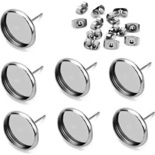 20Sets Stainless Steel Blank Stud Earring Bezel Setting with Surgical Steel Earring Backs for DIY Earring Findings