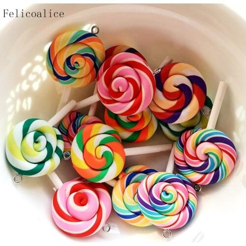 50pcs Cute Rainbow Soft Pottery Lollipops Charms For DIY Personality Bottle Pendants Clay Decoration Earrings Necklace