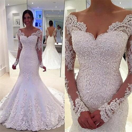 ANGELSBRIDEP Long Sleeves Mermaid Wedding Dresses Robe de mariee Sexy V-Neck Applique Court Train Formal Bride Dresses