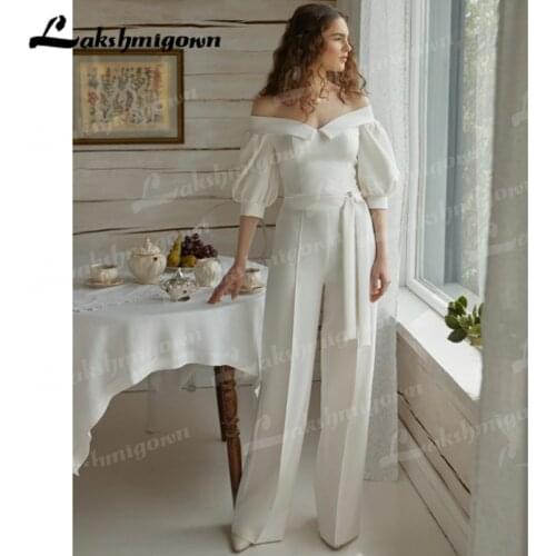 White Jumpsuit Wedding Dresses With Sash Boho Bridal Gowns Satin Ankle Length Country Wedding Dress 2022 New