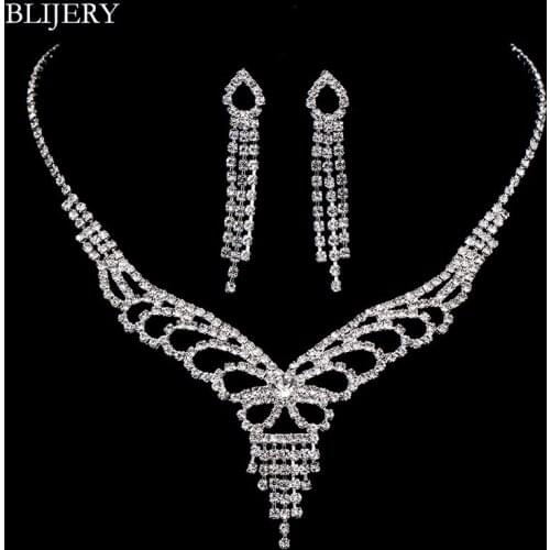 BLIJERY Silver Plated Rhinestone Crystal Bridesmaid Bridal Wedding Jewelry Sets Butterfly Tassel Necklace Earrings Set for Women