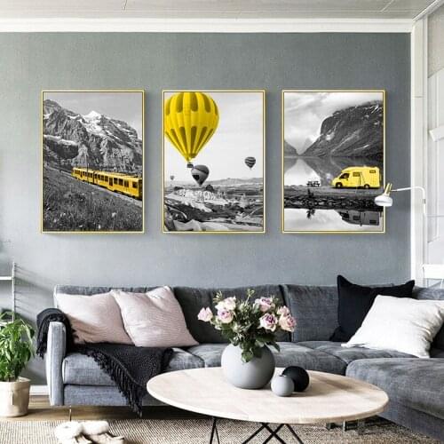Black And White Landscape Yellow Hot Air Balloon Car Train Mountain Canvas Painting Wall Picture Poster Living Room Decoration