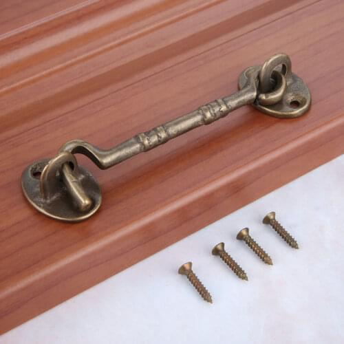 DRELD 1Pc 110mm Vintage Bronze Window Latches Chinese Style Copper Window Buckle Hooks Brass Antique Window Bolt Hasp