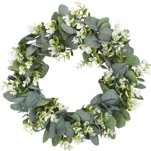 Eucalyptus Wreath, Spring Artificial Green Leaves With Flower Wreath for Front Door Window Wall Decoration