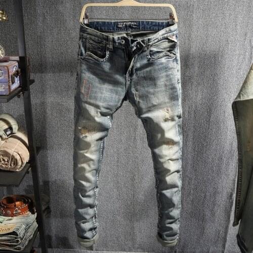 European Vintage Fashion Men Jeans Retro Distressed Washed Elastic Slim Ripped Jeans Men Embroidery Designer Casual Denim Pants