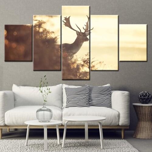Canvas Painting a deer in the early morning fog 5 Pieces Wall Art Painting Modular Wallpapers Poster Print Home Decor