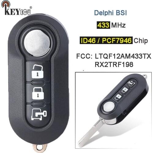 KEYECU 433MHz PCF7946A ID46 Delphi BSI LTQF12AM433TX / RX2TRF198 Flip Remote Key Fob 3 Button for Fiat 500L, Ram Promaster