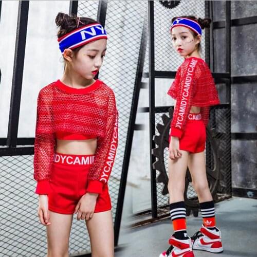 3PCS Girls Red Cool Ballroom Jazz Hip Hop Dance Competition Costume Tank Tops Shorts Net Blouse for Kid Dancing Clothing Outfits