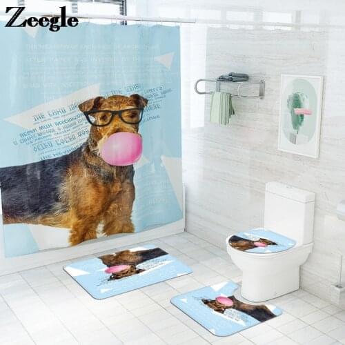 Pet Printing Bathroom Bath Mat and Waterproof Shower Curtain Set Toilet Mat Memory Foam Toilet Seat Cover Mat Non-slip Floor Mat