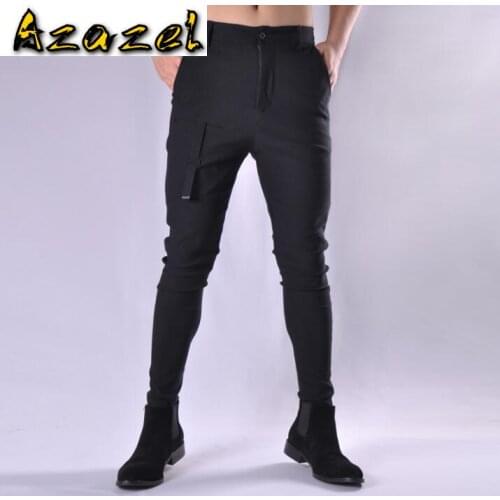 High quality new hair stylist pants Men beamed harem pants stretch tight pencil pants slim Korean casual male trousers black