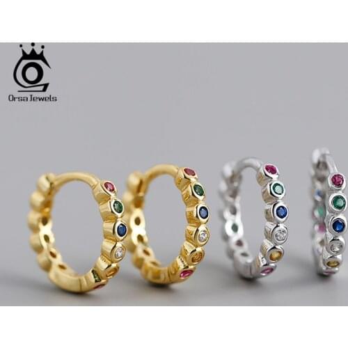 ORSA JEWELS Dazzling Round Multi-Colored Zirconia Hoop Earrings Solid 925 Sterling Silver Small Hoop Earrings for Girl EQE35