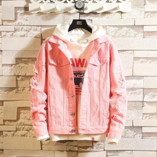 Autumn New Pink Denim Jacket Super Handsome Couple Coat Fashion Street Style Brokean Hole Jacket High Quality Size S-3XL