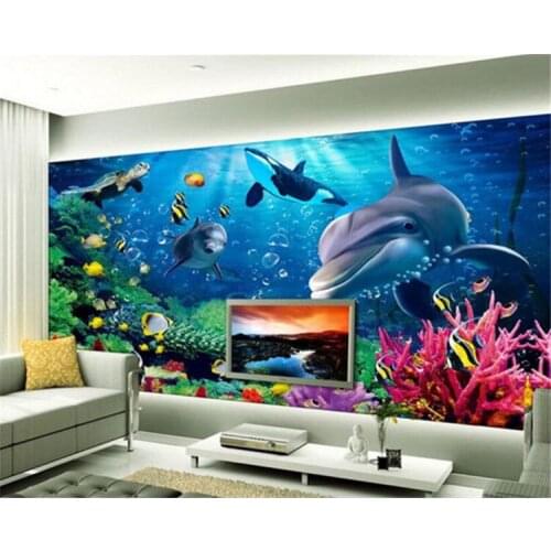 Custom warm bedroom wedding room living room TV background wallpaper 3D underwater world Dolphin decorative painting