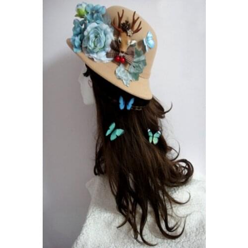 Hot Female Woolen Church Cloche Hat Retro Derby Bowler Fedora Bucket Cap Handmade Vintage Deer Head Flower Hats
