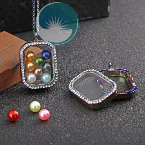 Rainbow Rhinestone Rectangle Glass Memory Floating Lockets Magnetic Pendant Necklace 50cm Steel Chain Necklace