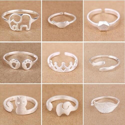 Silver Color Elephant Ring Cute Animal Bird/Feather/Dog Paw/Cat Ear open Rings For Women Daily Accessories Couple Jewelry