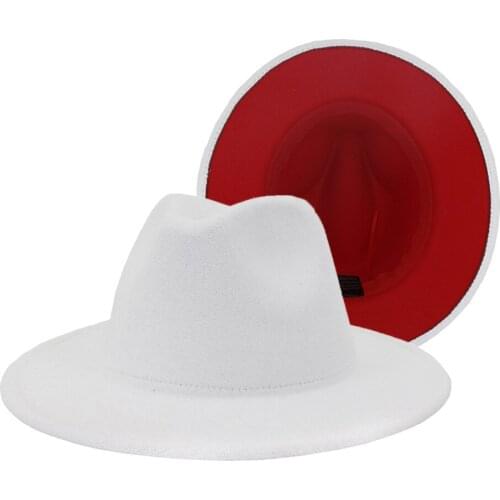 Wool top hat ladies wide-brim tweed hat autumn winter fashion outer white inner red combination jazz hat mens panama hat