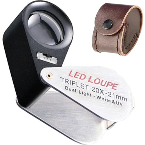 Mini 20X Magnification Foldable Jeweler Loupe Magnifier 21mm Triplet Optical Glass Lens + 6 LED & 1 UV light