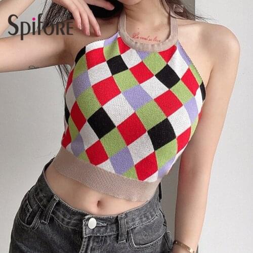 Spifore Y2K Plaid Crop Top Sexy Club Party Halter Women Clothes Summer Geometric Sleeveless Backless Bodycon Tops Streetwear
