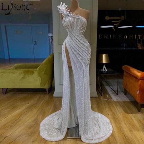 Sparkle Sequined Silver Mermaid Prom Dresses Custom Made 5 Styles Crystal High Side Split Long Evening Dress Arabic Formal Gowns