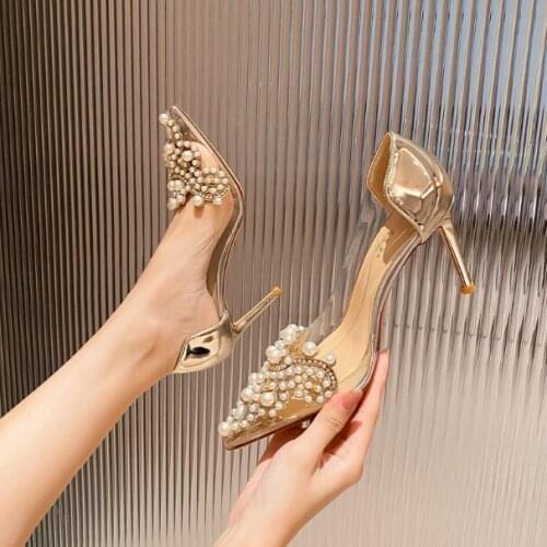 Gold Sliver Patent Leather Pearl Transparent PVC Slip On Pumps Woman Shallow Pointed Toe 6/8/10 CM Heels Bride Wedding Shoes