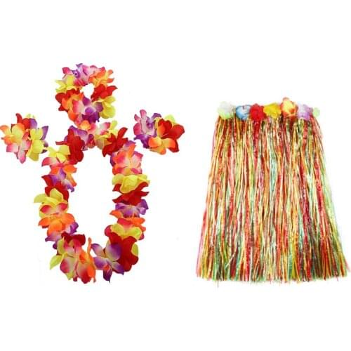 Women Girls Flower Tropical Hawaiian Luau Hula Dance Grass Skirt Wreath Set Party Favors Birthday Wedding 30 40 60 80cm