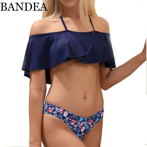 BANDEA 2019 Ruffle Vintage Bikinis Swimwear Women Swimsuit Print bottom Bandeau Bandage Bikini Set Bathing Suit