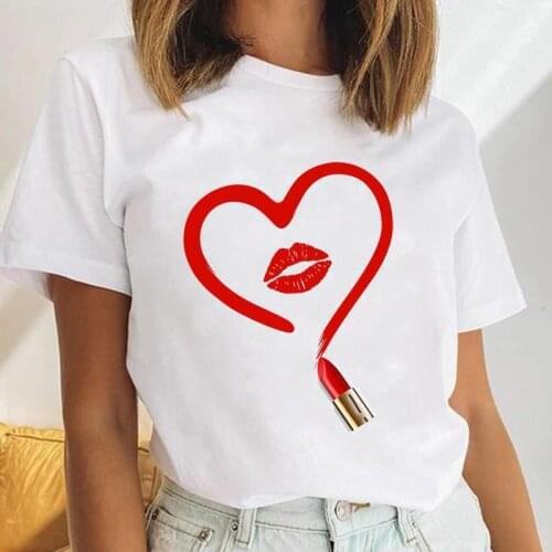Women Make Up Love Lip Sexy Trend Casual Female Short Sleeve Cartoon Clothes Tops Print Cute Ladies Tees Tshirt Graphic T-Shirt