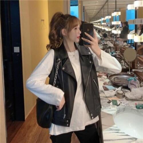 2021 New PU Leather Vests Women Black Slim Fit Casual Motorcycle Leather Vest Female Fashion Sleeveless Vest For Women Y197