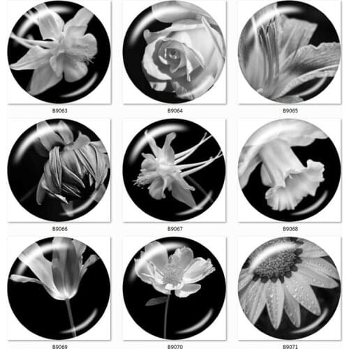 Flower Black and White Color 10pcs mixed 12mm/18mm/20mm/25mm Round photo glass cabochon demo flat back Making findings B9063