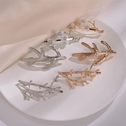 6Pcs/Set Creative Alloy Hair Clips Antler Fake Pearl Decor Fashion Metal Hairpin Barrette Pin For Women Girls Hair Accessories