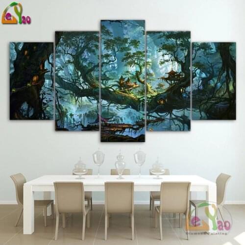 Diamond Embroidery Mosaic 5 Pieces Fantasy Houses Magic Forest Night Pictures Tree Poster Home Decor 5d Diy Diamond Painting