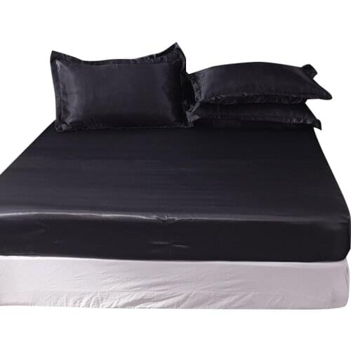 Black 100% Satin Ice Silk Fitted Sheet Bed Sheet Luxury Women Mattress Cover with Elastic Band Single Double Queen Size bedsheet
