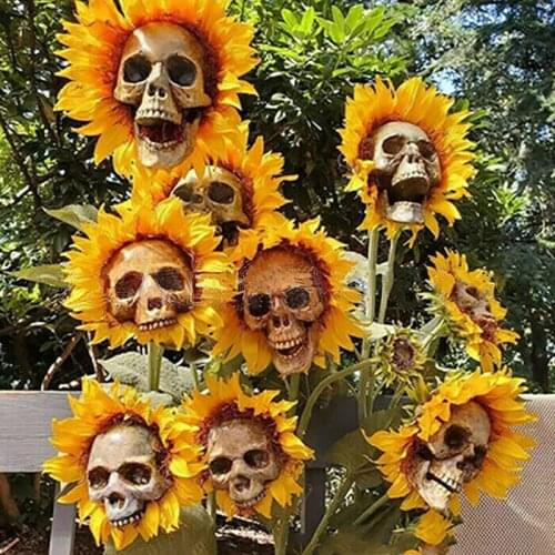 Artificial Skull Head Sunflower Garden Decoration Pastoral Style Plastic Simulation Skeleton Fake Flower for Outdoor Lawn Decor