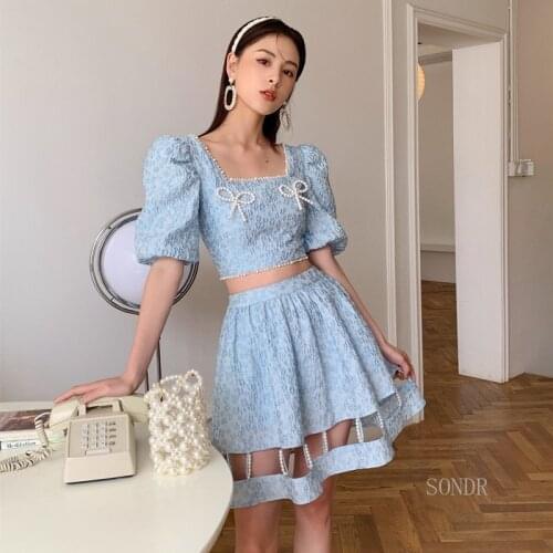 2 Piece Set Blue Jacquard Crop Top and Skirt Set 2021 Summer Pearls Square Collar Puff Sleeve Crop Blouse + Ball Gown Mini Skirt