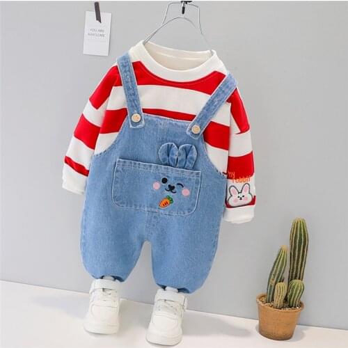 LISUNNY 2021 Spring Baby Boys Girls Clothing Sets Toddler Infant Clothes Stripe T Shirt Overalls Children Kids Clothes
