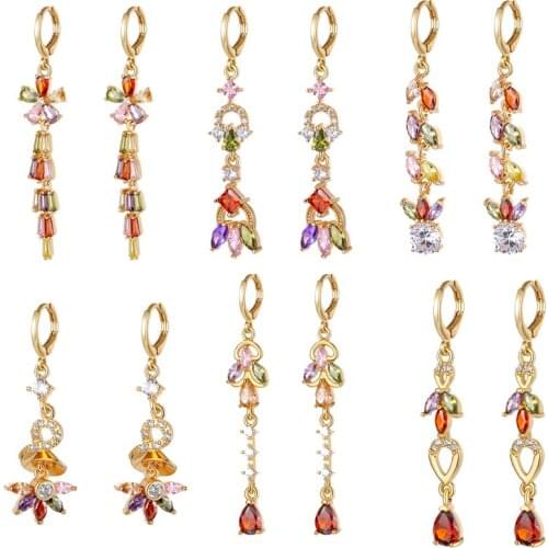 KSRA Fashion Luxury Gold Color Copper Earrings For Women Cubic Zirconia Rainbow Colourful Female Drop Dangle Earrings Jewelry