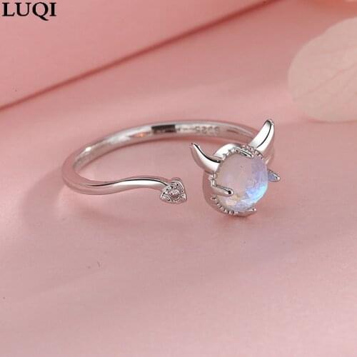 Fashion Womens S925 Silver Plated Platinum Personality Sweet Little Devil Moonstone Open Rings R299
