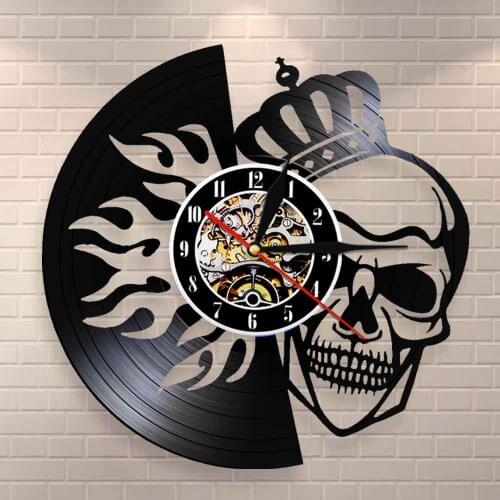 Halloween Royal Skull Crown Vinyl Record Wall Clock Skull with Crown On Fire Wall Art Wall Clock King Skeleton Decorative Clock
