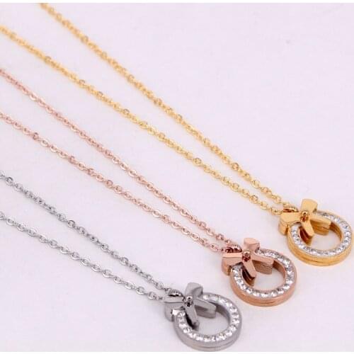 Stainless Steel Love Crystal Bowknot Round Circle Pendant Necklaces Rose Gold Color Women Female Lady Party Gift