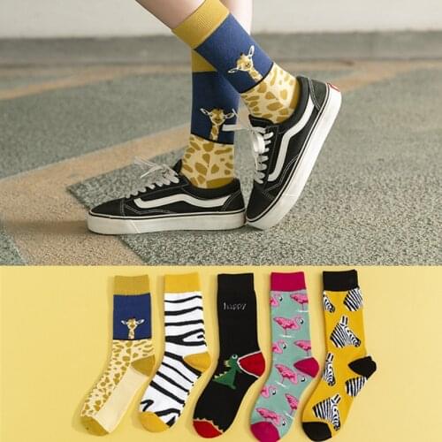 Zebra Flamingo Giraffe Dinosaur Animal Socks Streetwear Funny Cartoon Pattern Novelty Cotton Warm Short Happy Women Men Socks