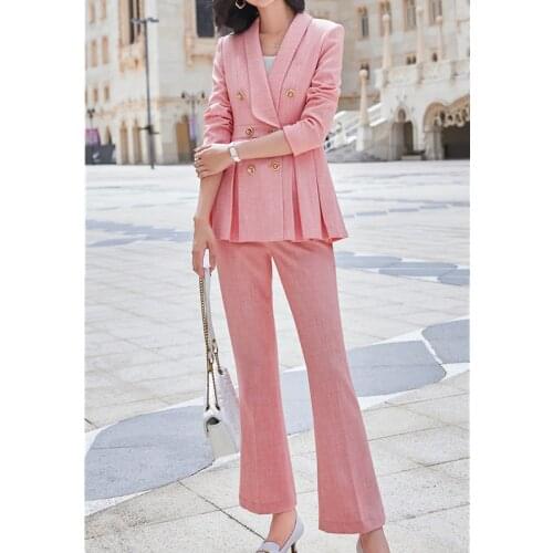 New high-end elegant autumn pink double-breasted womens trousers suit formal jacket women work clothes jacket pants 2-piece set