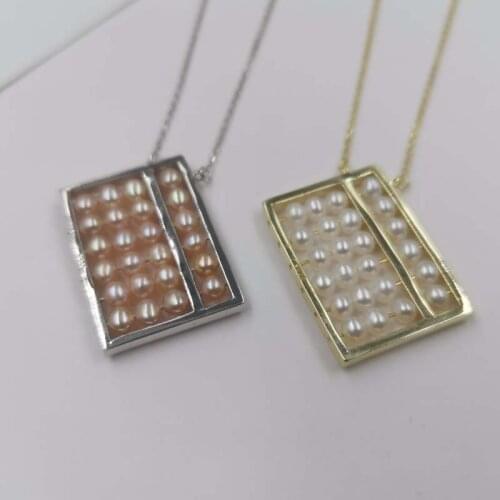 New Hard Handmade 3-4mm white freshwater pearl square pendant s925 Chain