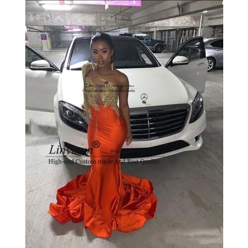 2021 Charming Orange Mermaid Prom Dresses One Shoulder See Through Lace Appliques Black Girls Formal Evening Party Gowns