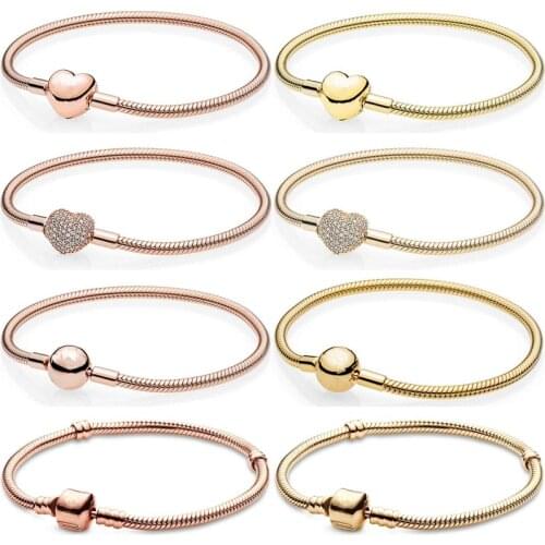 Original Moments Pave Heart Ball & Barrel Clasp Snake Chain Bracelet Bangle Fit Europe 925 Sterling Silver Bead Charm Jewelry