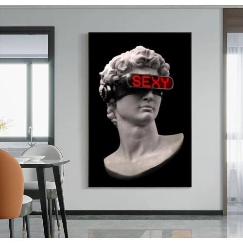 Posters And Prints Funny Art David Sculpture with VR Glasses Wall Art Canvas Abstract David Canvas Paintings Wall Decor Pictures